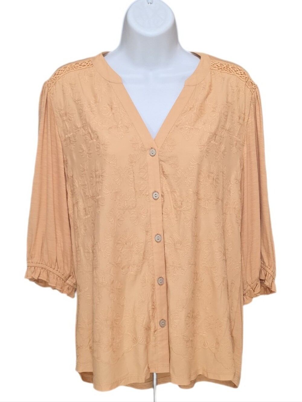 Democracy Floral Embroidered Boho Peasant Top Split V-Neck Elbow Sleeve Yellow M